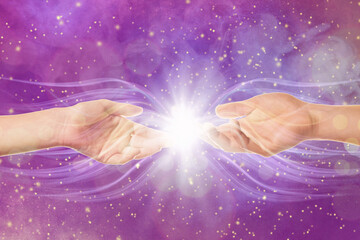 Male and female hands reaching out to each other on white background