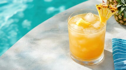 Refreshing pineapple cocktail by the pool on a summer day