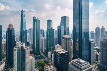 Obraz premium Vibrant Financial District Skyline Featuring Business Skyscrapers and Urban Views