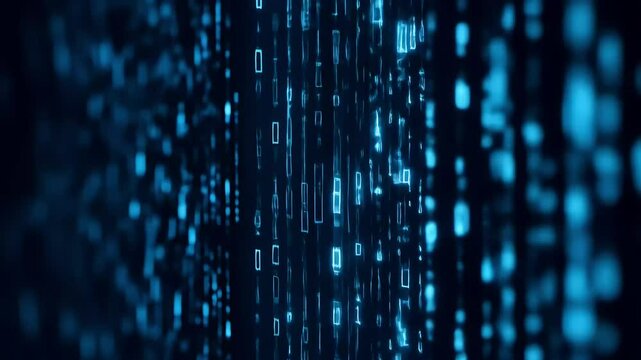 Abstract blue digital stream; glowing lines of binary code cascading down a dark background