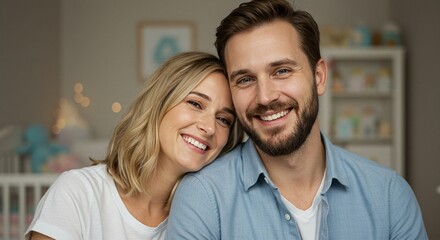 Fototapeta premium Portrait of a smiling couple in front of a baby crib and dresser, showcasing family joy and anticipation of parenthood.