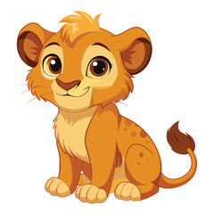 A small, fluffy lion cub with faint spots sits attentively  a white background.
