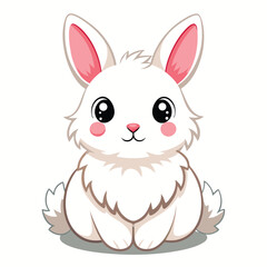 Obraz premium A small, fluffy white rabbit with pink ears sits and appears to be grooming its paws with white background