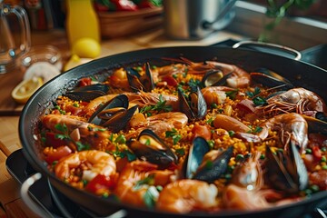 High Quality Picture of Traditional Spanish Seafood Paella for Family Dinner