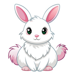 A small, fluffy white rabbit with pink ears sits and appears to be grooming its paws with white background