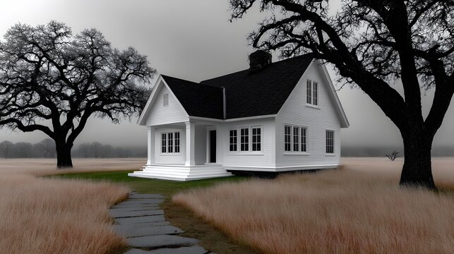 White house on a field path, gray sky, trees