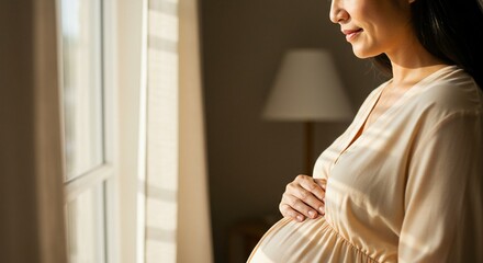 Expecting mother, wearing a long, flowing garment, thoughtfully gazes out of her window into the outside world.