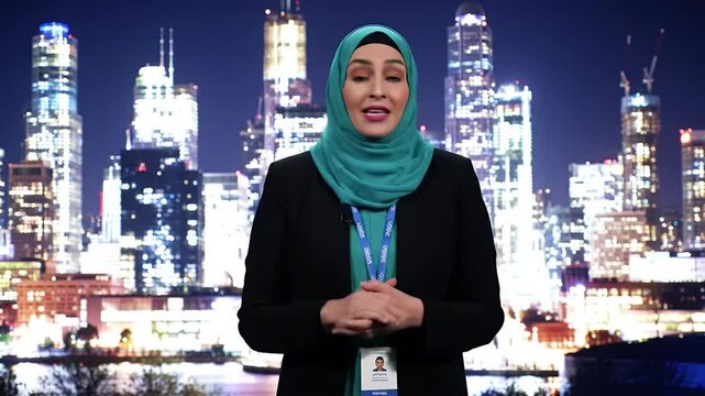 Woman Giving Presentation Against Cityscape at Night Time