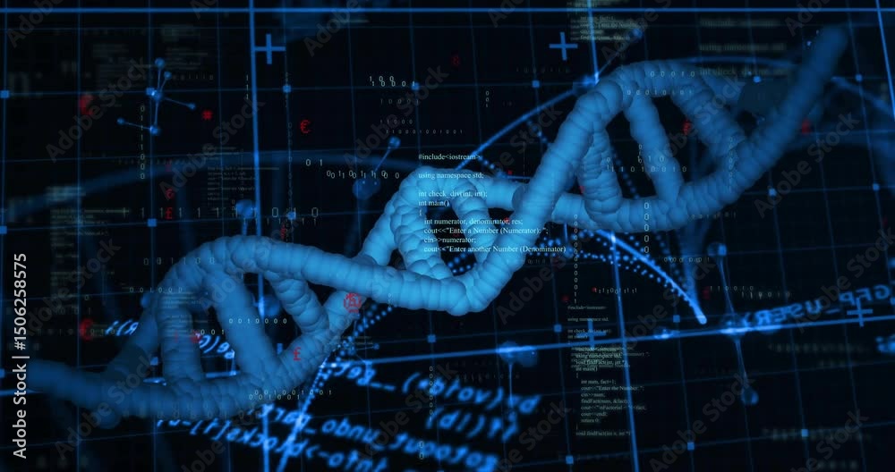 Poster on data update, 3d dna helix rotating clockwise and translating rightward to visualize pulsing code