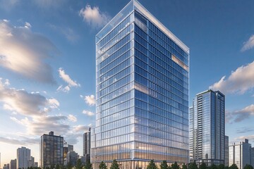 Fototapeta premium Modern Sleek Design of a Glass Facade High-Rise in an Urban Setting