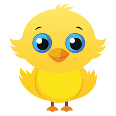 A small, fluffy yellow duckling with big blue eyes and an orange bill stands facing forward with white background
