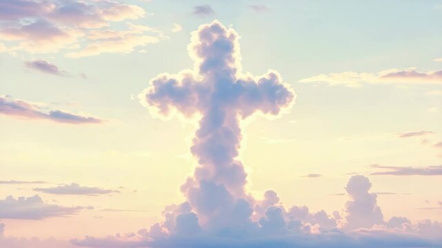 A radiant cross-shaped cloud formations stands brightly against the pastel hues of serene, calming sky at dawn or dusk.watercolor