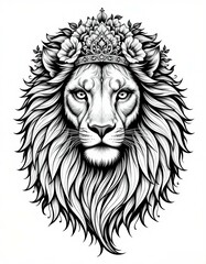 Obraz premium A majestic lion head adorned with a floral crown, intricately drawn in black and white line art.