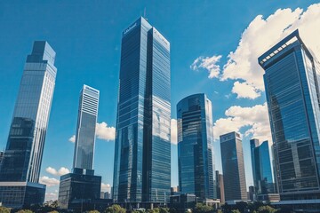 Fototapeta premium Impressive Skyscrapers Under Clear Blue Sky in Vibrant Urban Business District