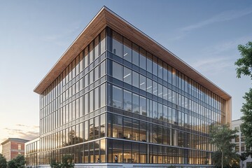 Fototapeta premium Elegant Office Designs Featuring Expansive Windows and Detailed Building Exteriors
