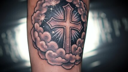Showing Cross Tattoo on Arm with Cloudy Background