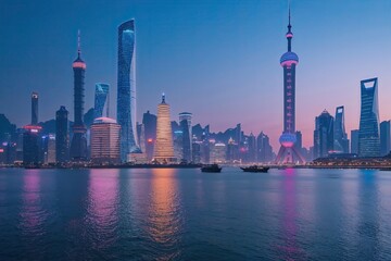 Obraz premium Stunning Shanghai Urban Landscape at Dusk with Shimmering Glass Buildings by Serene Bay