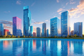 Modern Offices in a Serene Blue Urban Center with Vibrant Skyscrapers