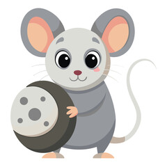 A small, light-colored mouse with large ears holds onto a large, holey piece  with white background
