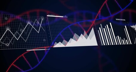Opening neon DNA strands and sliding grid, revealing charts and settling panels visualizing trends - Powered by Adobe