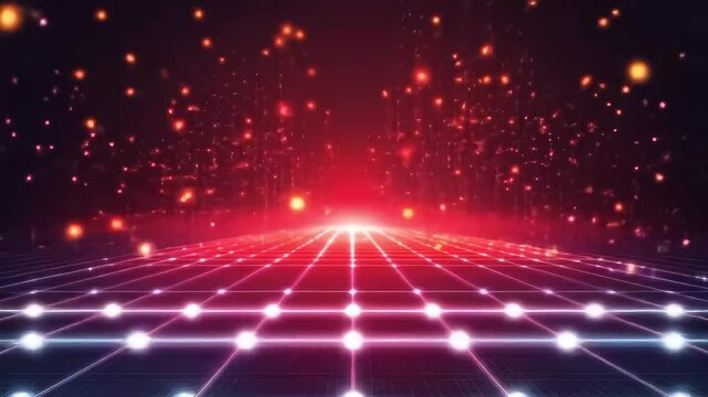 Glowing grid receding to a bright horizon, surrounded by red particles