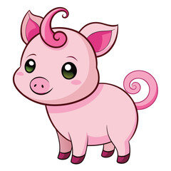 A small, pink piglet with a curly tail stands against a white background, looking to the left with white background
