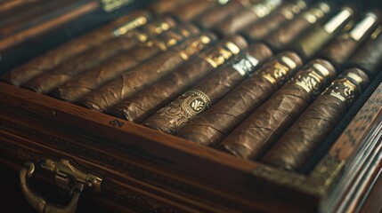 Handcrafted Cigars Neatly Arranged in an Elegant Wooden Humidor for Connoisseurs