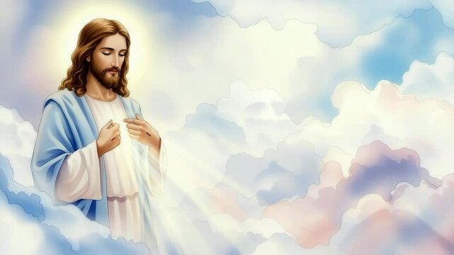 In an ethereal scene, Jesus stands amidst fluffy clouds and radiant beams of light, his hands gently touching chest.watercolor
