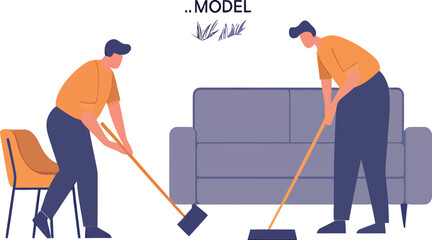 Obraz premium Two men tidying up a living room, showcasing teamwork and home maintenance.