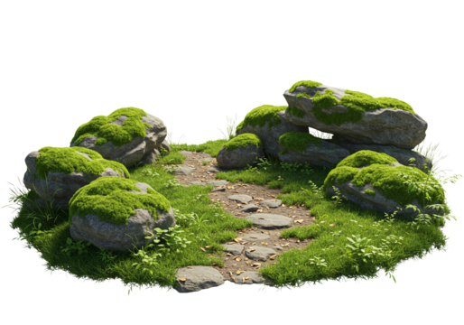 Moss covered rocks and ferns isolated on transparent background