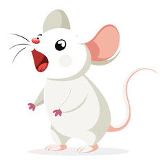A tiny white mouse with big ears stands on its hind legs with its mouth open, appearing to be singing or squeaking with white background
