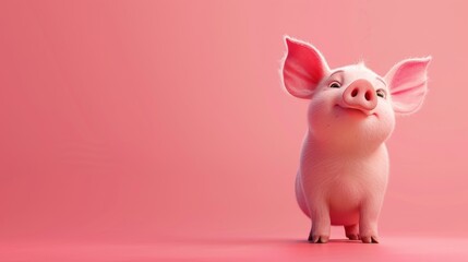 Naklejka premium Charming Happy Piglet Standing on Soft Pink Background with Ample Copy Space for Creative Advertising, Kids Illustration, and Animal Care Themes
