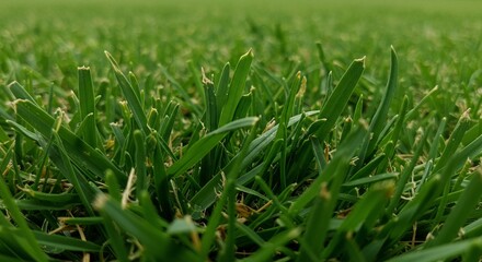 Obraz premium Close-up of vibrant green grass blades fills the frame with a lawn in the background stretching to the horizon.