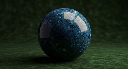 A glossy sphere with intricate blue patterns rests on a soft, textured green surface, reflecting light and creating depth.