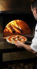 Chef pulling a Margherita pizza out of a traditional wood-fired oven, flames visible in the background