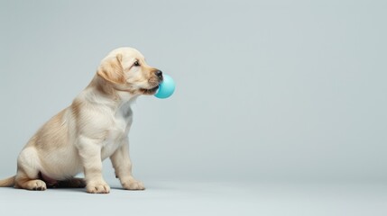 Adorable Golden Retriever Puppy Holding a Blue Ball with Copy Space for Pet Lovers, Puppy Photography, and Animal Portraits