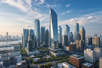 Fototapeta premium Vibrant Urban Environment of Renowned Business Districts Featuring Contemporary Architecture and Stunning Skylines