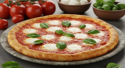 Margherita pizza served on a stone plate with ingredients like tomatoes, basil, and mozzarella nearby