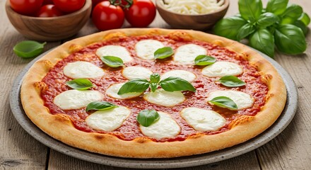 Margherita pizza served on a stone plate with ingredients like tomatoes, basil, and mozzarella nearby