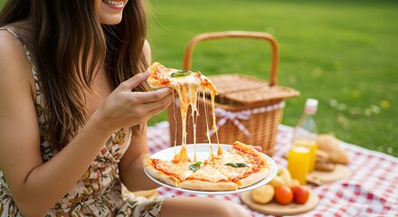 A person holding a slice of Margherita pizza with gooey cheese stretching, outdoor picnic setting
