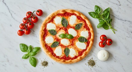 Minimalist flat lay of a Margherita pizza surrounded by fresh ingredients on a marble countertop