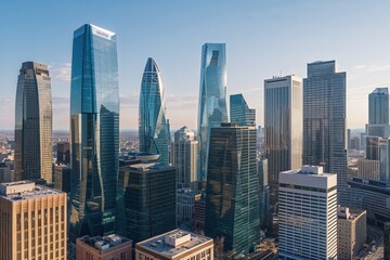 Modern Skyscrapers in Dynamic Urban Districts Under Clear Blue Skies