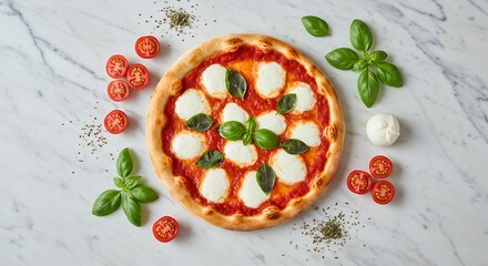 Minimalist flat lay of a Margherita pizza surrounded by fresh ingredients on a marble countertop