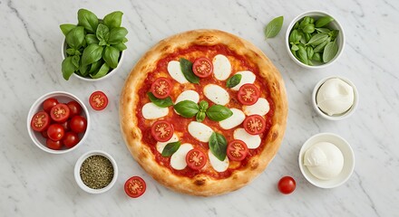Minimalist flat lay of a Margherita pizza surrounded by fresh ingredients on a marble countertop