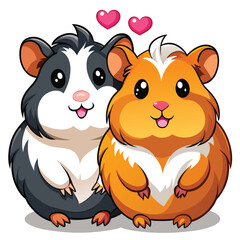 Two adorable guinea pigs with different colorings snuggle closely together 
 with white background