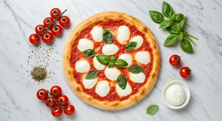 Minimalist flat lay of a Margherita pizza surrounded by fresh ingredients on a marble countertop