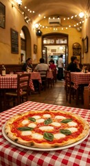 Traditional Italian pizzeria with a Margherita pizza on the table and a cozy Mediterranean ambiance