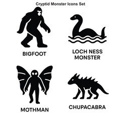 Cryptid Monster Icons Set &ndash; Bigfoot, Loch Ness, Mothman, Chupacabra in Modern Line Art