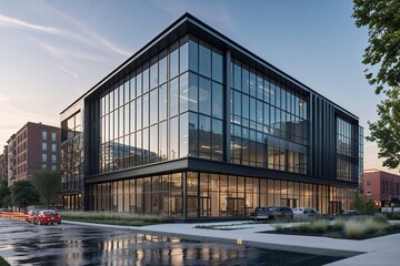 Modern Urban High Performance Building with Reflective Glass and Dark Metal Design Elements
