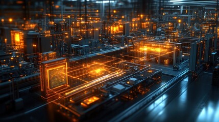 Obraz premium Futuristic Digital Cityscape: A Network of Illuminated Circuits and Processors